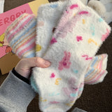 Bonnyshow Rainbow Striped Socks Women Korean Y2K Girls Pink Rabbit Print Sock Autumn Winter Warm Mink Plush Female Floor Socks
