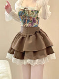 Bonnyshow  Kawaii Lolita Skirt Women Autumn Winter Vintage High Waist A-line Lace Patchwork Bow Japanese Fashion Brown Mini Skirt