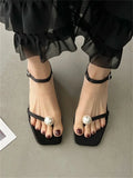 Bonnyshow  Fashion Design Pearl Clip Toe Women Sandals Summer Buckle Strap Square Low Heels Banquet Dress Female Shoes