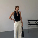 Bonnyshow  Summer Hot Girls New Summer Women Vest Tops Halter Neck Sleeveless Slim Sexy Camisole Tanks Deep V-neck Mature Black Vests