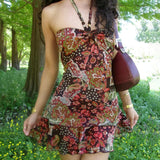 Bonnyshow  Full Floral Printed Beaded Halter-neck Dress Holiday Boho Aesthetic Ruffle A-line Mini Sundress Hotsexy Retro Outfits