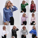 Bonnyshow Elegant Women's Satin Imitation Silk Long Sleeve Shirt Autumn/Winter Solid Office Lady Lapel Button Blouse Women Clothing S-XXL