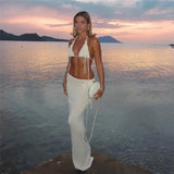 Bonnyshow White Knitted Sexy Two Piece Set for Women Vacation Outfits Floral-applique Bikini Top And Long Skirt Sets