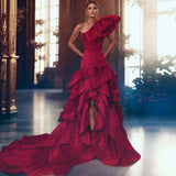 Bonnyshow Vintage Royal Red Asymmetrical Satin Long Evening Dresses With Layered Ruffles Details One Shoulder Long Maxi Gowns
