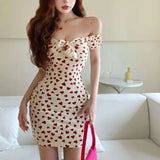 Bonnyshow  New Off Shoulder Dress Dress Bow Design Sweet Heart-Print Lovely Summer Slash Neck Sexy Hot Korean Style Skirt Party Dress