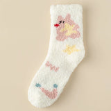 Bonnyshow Cute Coral Velvet Socks Women Winter Warm Plush Middle Tube Sleeping Socks Girls Harajuku Cartoon Star Pattern Floor Socks