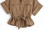 Bonnyshow  Women Adjustable Drawstring Waist Safari Shirt Short Sleeve Lapel Collar With   Pockets Loose Blouse Streetwear Lady Shirts
