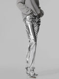 Bonnyshow New Autumn Winter Women's Silver PU Leather Pants Fashionable Shiny High Waisted Glow Trousers Ins Chic Straight Pants