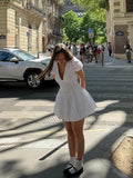 Bonnyshow  Elegant White High Waist A-line Mini Dress For Women Short Puff Sleeve V-neck Bodycon Dresses 2025 Summer New Casual Streetwear