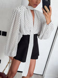 Bonnyshow  Chic Polka Dot Printed Shirt With Scarf Women Elegant Long Lantern Sleeves V Neck Loose Shirts Street 2025 Autumn New Lady Tops