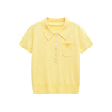 Bonnyshow  Pocket Solid Knitted T-shirt Women Buttons Turndown Collar Short Sleeve Tee Shirts Summer Simple Casual Fashion Tops T-shirts