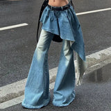 Bonnyshow  Retro Washed Fake Two Piece Spliced Flare Jeans for Women Spring and Summer New Stylish Spicy Girl Loose Casual Pants