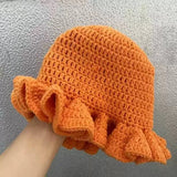 Bonnyshow Winter Handmad Crochet Knitted Hat For Women Solid Color Fisherman Hats Ruffled Brim Bucket Cap Men Carnival Party Funny Gift