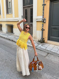 Bonnyshow  Trendy Yellow Fringe Patchwork Woman Vest Top Boho Chic Sleeveless Summer Knit Streetwear 2025 Fashion Hollow Out Casual Blouse