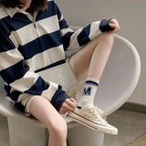 Bonnyshow 5 Pair/Set Blue Letter Stripe Socks for Women Korean Cotton Middle Tube Sock Spring Autumn Casual Sport Socks Calcetines 양말