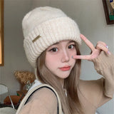 Bonnyshow Winter Knit Beanie Hat Women Korean Solid Color Warm Loose Cap Autumn Thicken Crochet Woolen Hats Female Lady Skullcap