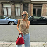 Bonnyshow  Glitter Knitted Women's Tank Top Loose O-neck Hollow Out Casual Vest Tops 2025 Summer Holiday Party Solid Female Waistcoat