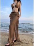 Bonnyshow  Fashion Women's Summer Brown V Neck Backless Halter Bandage Vest Tops And High Waisted Irregular Long Half Skirt Two Piece Sets