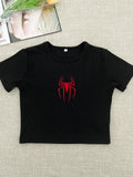 Bonnyshow Y2k Sexy Embroidery Spider Crop Top T-shirt Summer Gothic Slim Vintage Graphic Short Sleeve Baby Tee