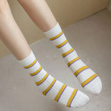 Bonnyshow 5Pairs/Set Cute Flower Striped Women Socks Autumn Winter Cotton Middle Tube Sock Female Girls Yellow Series Casual Sport Socks