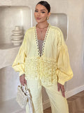 Bonnyshow  Casual Deep V-neck Shirt Long Pant Set Women Fashion Solid Flowers Lace Up Shirts Straight Pants Sets Lady 2025 Chic Streetwear