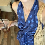Bonnyshow  French Blue Floral Neck Sling Women'S Fashion Backless V-Neck Vacation Leisure Mid Length Hanging Neck Dress New