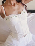 Bonnyshow  Floral Embroidery Summer Camisole Backless Slim Sexy Hottie Casual Sleeveless Crop Tops Basic Streetwear Clothings