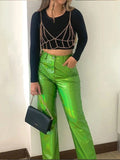 Bonnyshow Silver Summer Straight Women's Pants PU Clothing Solid Casual Pocket Trousers Streetwear Fashion High Waist Ankle-Length Pants