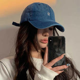 Bonnyshow Summer Denim Baseball Cap for Women Retro Letter Snapback Hat Korean Washed Cotton Lady Girls Duck Tongue Hats