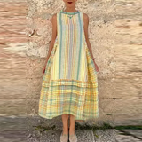 Bonnyshow  Summer Elegant O-neck Big Hem Pullover Dress 2024 Vintage Striped Print Long Dress Women Casual Sleeveless Loose Halter Dress