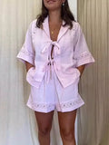 Bonnyshow  Summer Holiday 2 Piece Set Women Loose Patchwork Shorts Solid Hollow Out Bandage Shirt Sets Fashion Lady 2025 Elastic Waist Suit