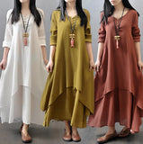 Bonnyshow Autumn Women Boho Vintage Dress Literary Large Swing Elegant Dresses Linen Layering Long Sleeve Casual Fake Two-Piece Vestidos