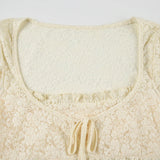 Bonnyshow  Fashion Lace Sheer Chic Summer New Women T-Shirts Fake 2 Piece Sweet Cute Bow Solid Blouses