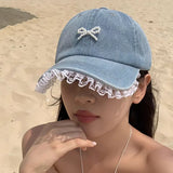 Bonnyshow Denim Pearl Bow Kont Beret Cap Korean Vintage Y2k Lace Hat Summer Designer Female Thin Denim Beach Travel Sunscreen Painter Cap