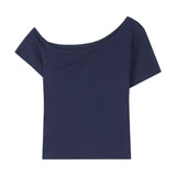 Bonnyshow  New Navy Blue Off Shoulder Pure Cotton Short Sleeve T Shirt Women Summer Korean Style Short Top