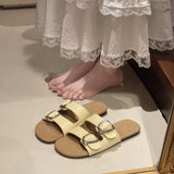 Bonnyshow  Belt Buckle Slippers Women's Fashion Round Head Open Toe Metal Buckle Soft Soled Non-slip Wear-resistant Flat Shoes