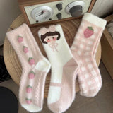 Bonnyshow Japanese Cute Socks for Women Winter Thicken Warm Plush Sock Korean Strawberry Print Coral Fleece Floor Sleeping Socks