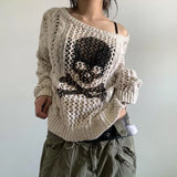 Bonnyshow Harajuku Grunge Y2K Aesthetics Retro Jumpers Skeleton Print Hollow Out Knitted Sweater Autumn Full Sleeve Pullovers Korean