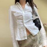 Bonnyshow Fashion Simple Lapel Neck White Shirts Women Y2k Lace Up Slim Waist Blusas Mujer 2024 Spring Autumn New Long Sleeve Blouses