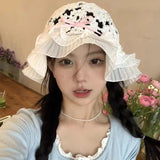 Bonnyshow Hollow Bow Knot Bucket Hat Korean Hole Lace Knit Spring and Summer Travel Beach Sun Protection Fisherman Hat Japanese Kawaii Cap