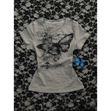 Bonnyshow  Kawaii summer butterfly graphic printed hot girl short-sleeved T-shirt women 2025 new sexy niche slim casual niche aesthetic top