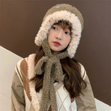 Bonnyshow Winter Plush Knitted Hat for Women Korean Colorful Button Beanie Cap Outdoor Thicken Warm Coral Fleece Ear Protection Hats