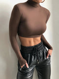 Bonnyshow Basic Sheath Women Solid Turtleneck Tshirt Autumn Stretch Casual Undershirt Female All-match Street Activity Crop Tops