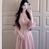 Bonnyshow  French Style Summer Light Luxury High-end Pink Vintage Beading Dress Women Lantern Sleeves V-Neck High Waist Elegant Dress