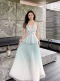 Bonnyshow  High-end temperament elegant set women spring summer V-neck sleeveless top pleated half body long skirt two-piece set