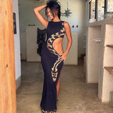 Bonnyshow Snake Print Sleeveless Side Hollow Out Split Long Dresses For Women Sexy Party Club Wear Summer Dress 2024