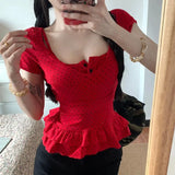 Bonnyshow  Two-Piece Suit Polka-Dot Flounce Sling Sweet Square Collar Slim Tops New Design French Style T-Shirts Women