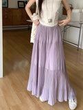 Bonnyshow  French Elegance Women Midi Skirts Y2K Summer Streetwear Patchwork A Line Pleated Skirts High Waist Loose All-Match Long Skirts