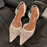 Bonnyshow  Butterfly-kont CRYSTAL Breathable Mesh Women Pumps Elegant Slingbacks Pointed Toe High Heels Banquet Party Shoes