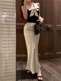 Bonnyshow  Bow temperament collar hanging neck vest satin fish tail half skirt two-piece set women's summer fashion beautiful set